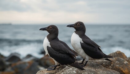 Avian Duo on Coastal Rocks, A Study in Contrasts of Black and White, Seascapes in Soft Light.