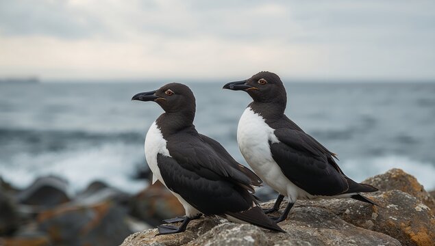 Avian Duo on Coastal Rocks, A Study in Contrasts of Black and White, Seascapes in Soft Light.