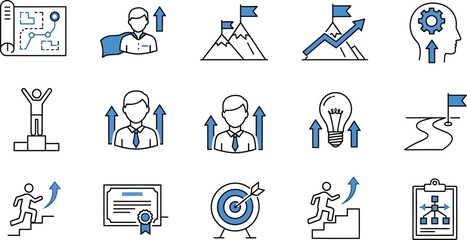 Growth Concept Icons Set Success, Achievement, Leadership, Climbing Steps, and Target