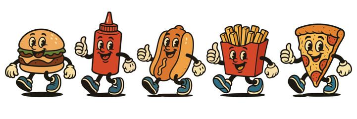 Retro fast food character mascots, vintage cartoon burger pizza fries illustration set