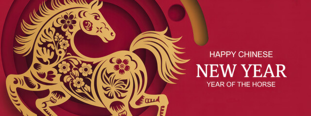Happy Chinese new year banner with horse on red background. Vector illustration for banner, posters, flyers, greeting cards and invitation.