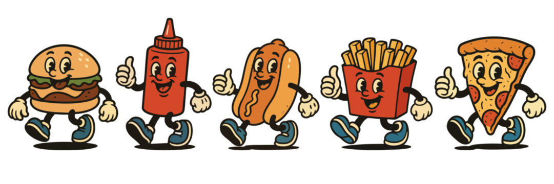 Retro fast food character mascots, vintage cartoon burger pizza fries illustration set