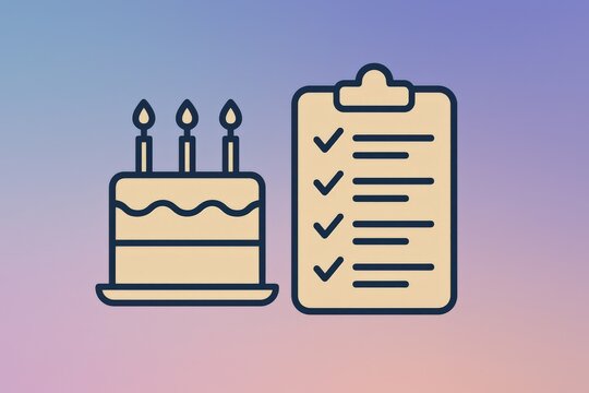Celebration essentials featuring a birthday cake with candles alongside a checklist emphasizing planning organization and the joy of special occasions captured with clarity