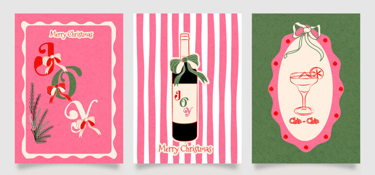 Festive Christmas cards with vintage-style designs featuring wine, cocktails, and holiday ribbons, ideal for seasonal greetings or holiday party invitations.