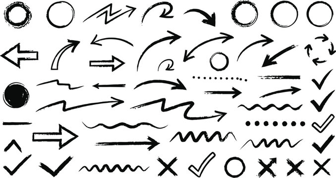 Grunge Arrows and Shapes Collection in Black Ink with Transparent Background