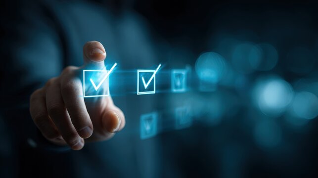 Hand Interacting with Virtual Checklist on Glowing Blue Interface - Powered by Adobe