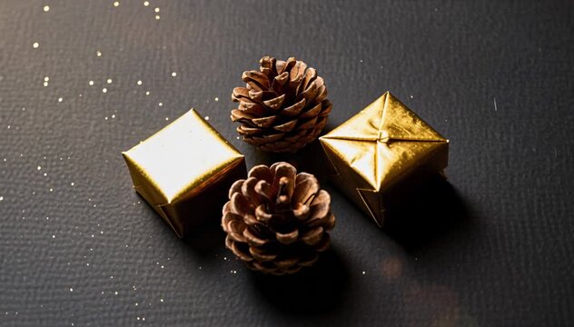 Decorative holiday arrangement featuring two pinecones and three small shiny gold gift boxes on dark textured background, festive, elegant, and cozy