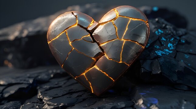 A metallic, cracked heart rests on dark rock. Golden seams highlight the fracture