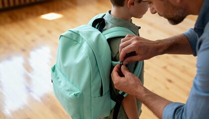 A caring father helps his son get ready for school by adjusting his backpack. Back to school and family support concept