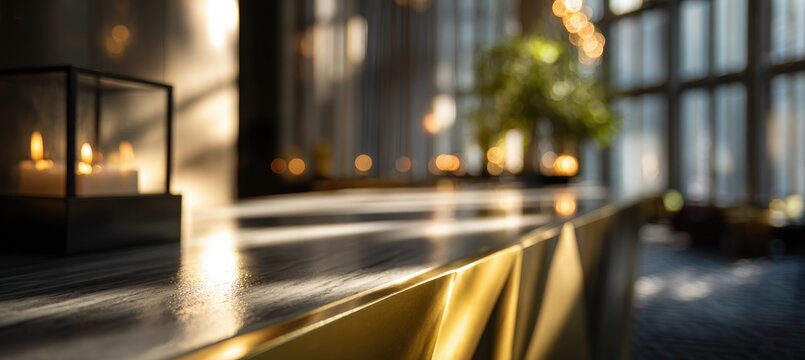 Luxurious Concierge Counter with Golden Reflections in Evening Light