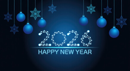 Happy new year 2026 futuristic digital background with snowflakes and christmas ornaments design
