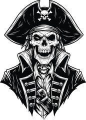 Dark pirate skeleton illustration with captain hat, skull and crossbones, vintage coat, and eerie grin — gothic nautical artwork.
