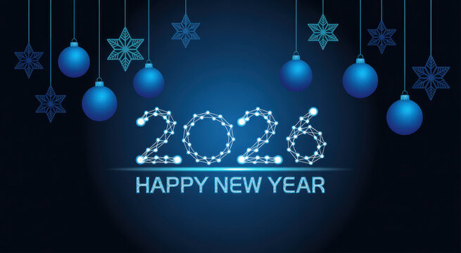 Happy new year 2026 futuristic digital background with snowflakes and christmas ornaments design
- Powered by Adobe