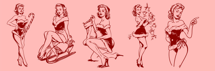 Hand drawn style retro pin-up Christmas models wearing Santa outfits