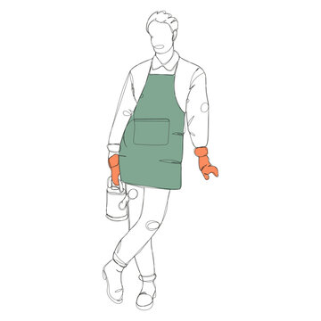 Dessin en ligne continue d'un jardinier tenant un arrosoir, illustration d'un fleuriste portant un tablier vert, illustration vectoriel, line art