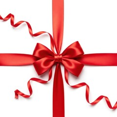 A perfect ornamental red satin gift bow and trailing ribbon strands centered on a pristine white background, symbolizing holiday presentation and giving, smooth, festive, wrapping