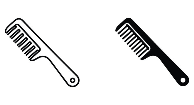 Hair comb outline and solid silhouette icon set for grooming, styling, barbershop, salon, and personal care.