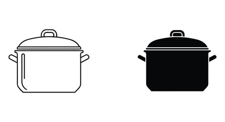 Cooking pot vector icon with outline and solid black fill, kitchen utensil for boiling and stewing food.