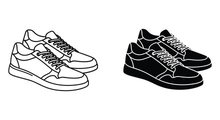 Sneaker shoes outline and solid black silhouette icon set, minimalist footwear design vector graphic illustration
