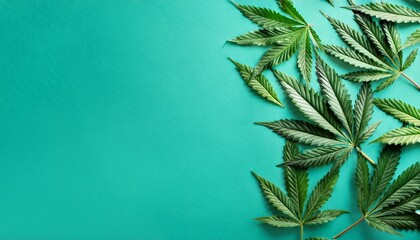 green cannabis leaves on teal background