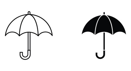 Outline and filled umbrella icons representing rain protection, weather, and safety from elements in vector illustration.