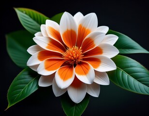 white and orange flower closeup with green leaves on dark background