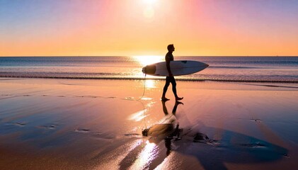 Silhouette of a male surfer holding a surfboard walking along a sandy beach at sunset, calm ocean waves and colorful sky with warm golden and orange - Powered by Adobe