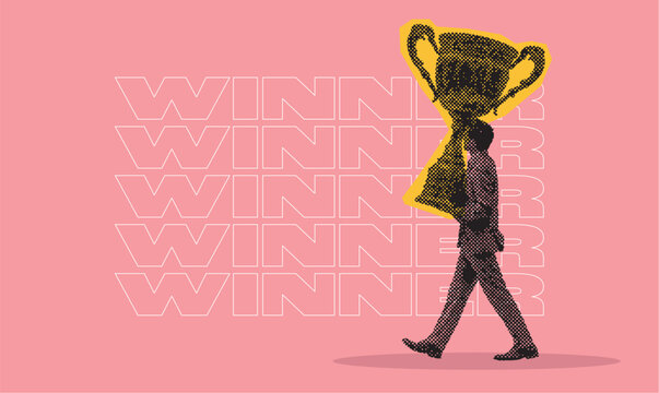 Business winner concept illustration of man holding trophy in modern graphic design style