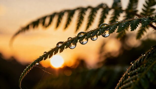 Close-up of fern leaves with dew drops during sunrise, natural outdoor scene with warm golden tones and detailed textures of plant and water droplets