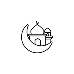 Dark mosque silhouette on colorful red and violet sunset sky and clouds background, vector banner illustration