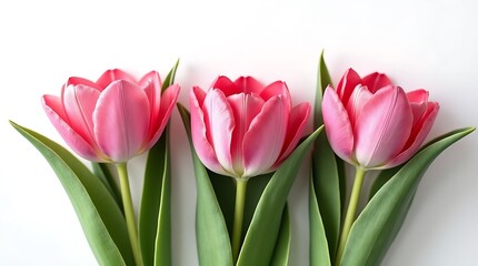 Naklejka premium Three pink tulips in full bloom with green leaves