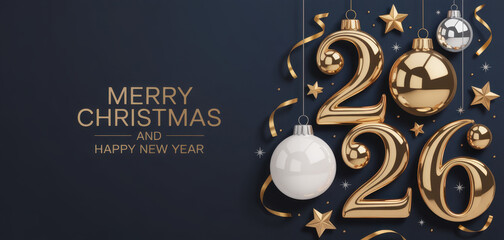 Happy new year 2026. Festive design with Christmas decorations, balls, streamers and garlands