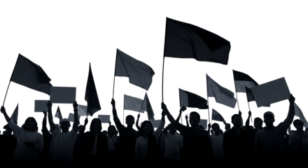 Crowd of people, holding flags and signs in silhouette, cutout, PNG isolated on white or transparent background