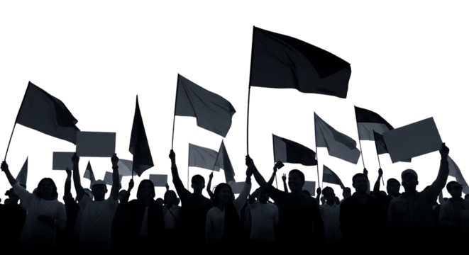 Crowd of people, holding flags and signs in silhouette, cutout, PNG isolated on white or transparent background