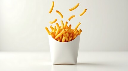 French fries falling into a white paper container