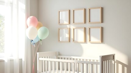 Baby room interior with balloons and empty frames