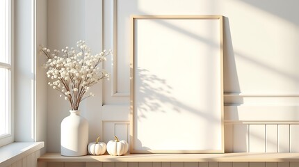 Blank frame mockup with flowers and pumpkins