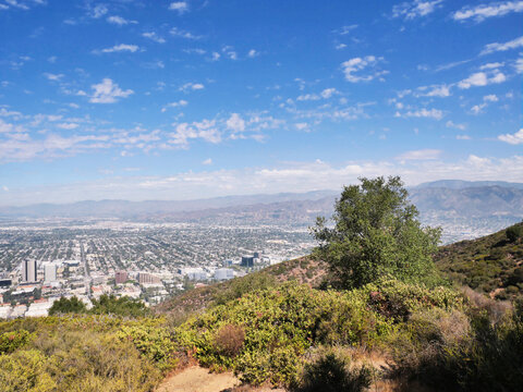 Skyline of Burbank as seen from the top of Cahuenga Peak at Wisdom Tree during a summer season in Los Angeles, California, USA