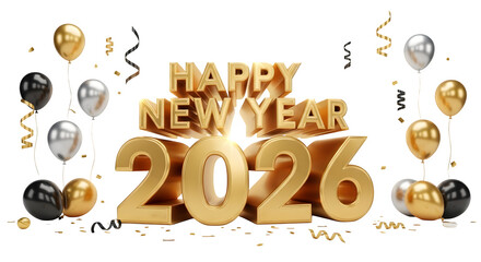 Golden 3d happy new year 2026 text with balloons and confetti isolated on transparent background