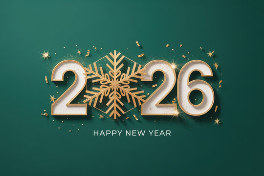 2026 Happy New Year text with golden snowflake on green background
 - Powered by Adobe