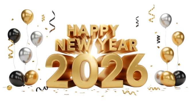 Golden 3d happy new year 2026 text with balloons and confetti isolated on transparent background