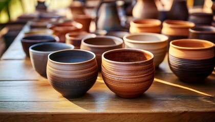 handcrafted ceramic bowls and cups neatly displayed on wooden table in artisan market