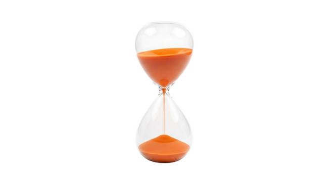 Clear glass hourglass, flowing orange sand in the middle sand timer, isolated on white or transparent background, AI