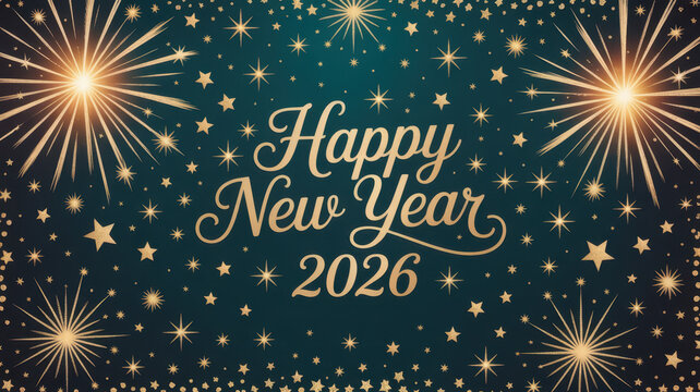 Happy new year 2026 with golden fireworks and starry night sky. Happy New Year 2026
