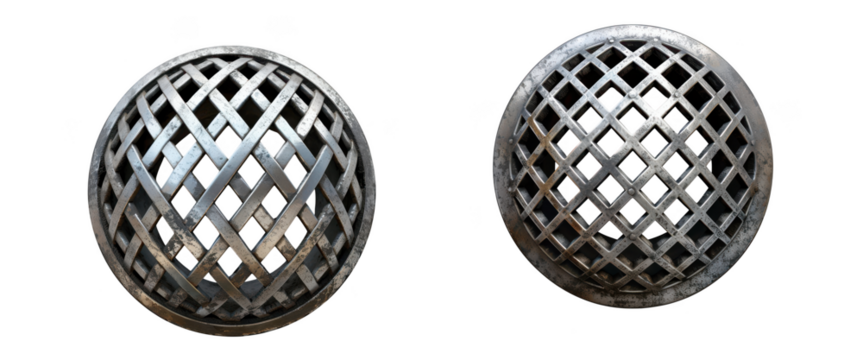 Two metallic spheres with a grid pattern