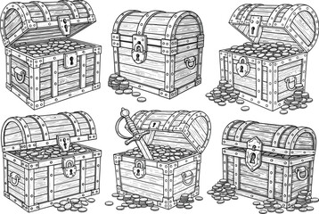 Epic Treasure Chests Overflowing with Coins and Relics – Pirate Loot, Fantasy Riches, Sword-Stuffed Vaults in Vintage Sketch Style © Sagor Creatives