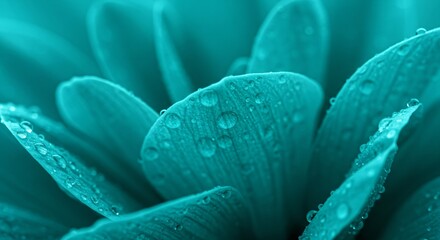 Turquoise floral petals with shimmering droplets in a detailed macro shot. A calm banner background texture evoking freshness and natural beauty with copy space.