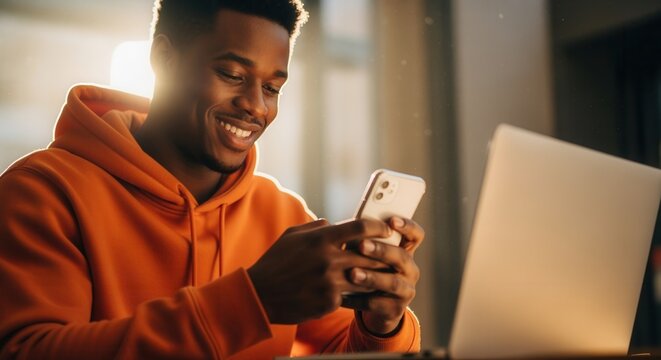 Happy young Black man in an orange hoodie using a smartphone. Male student or freelancer working remotely from home with a laptop in a sunlit room