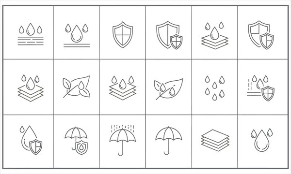 Collection of waterproof icons and symbols representing protection, durability, and resistance to elements like water and rain, ideal for product labeling and safety instructions