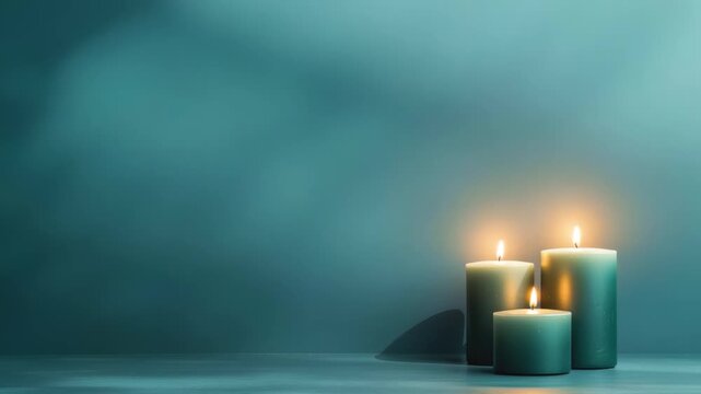 Illuminating Serenity: Three candles cast a warm, inviting glow against a subtly textured teal backdrop, creating a sense of peace and contemplation. The flickering flames gently dance. - Powered by Adobe